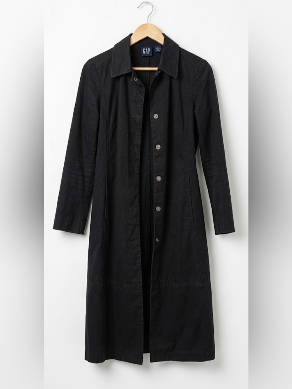 GAP Vintage 90s Black 100% Cotton Snap Button Long Trench Coat Duster Medium⁠